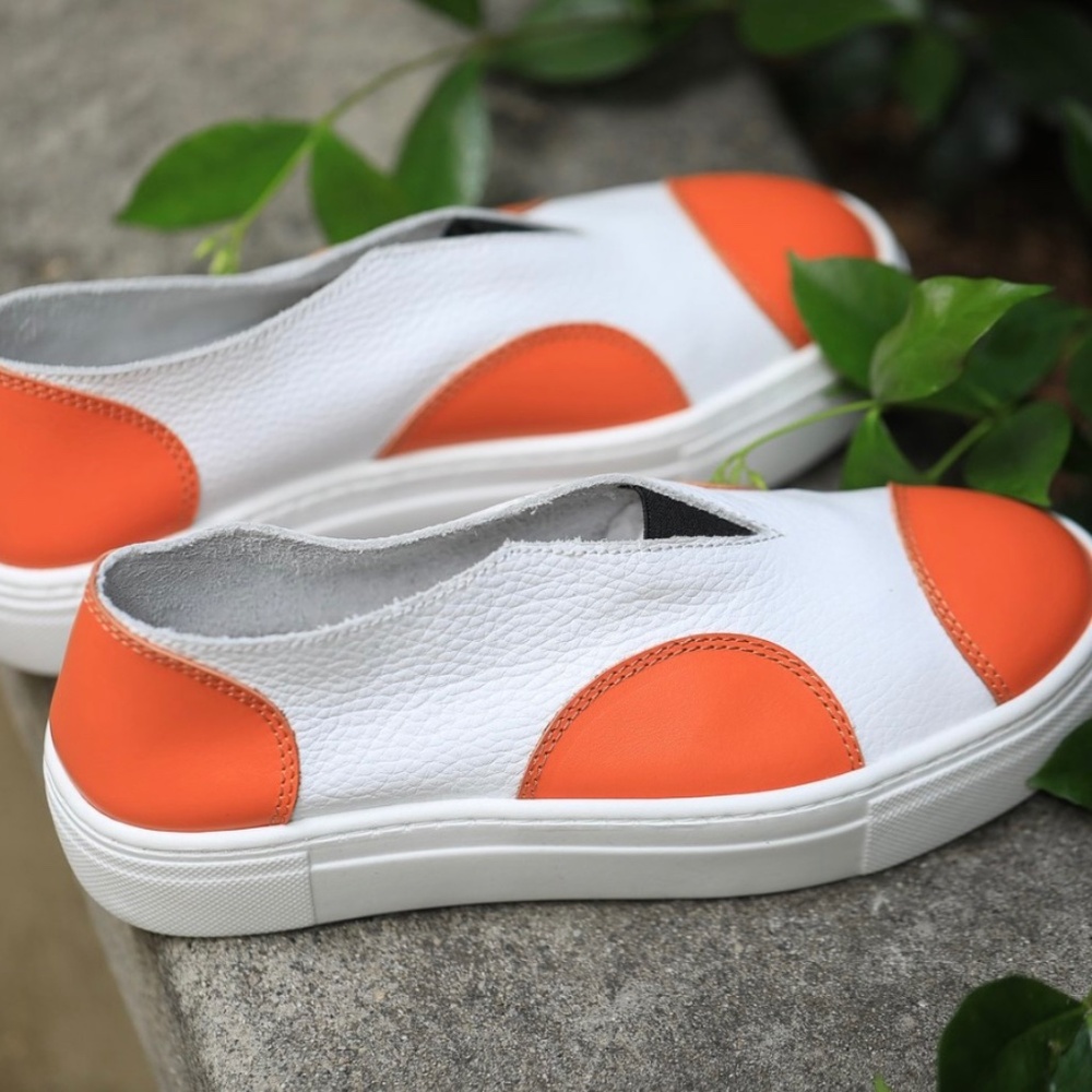 White & Orange Slip-On Women's Sneakers